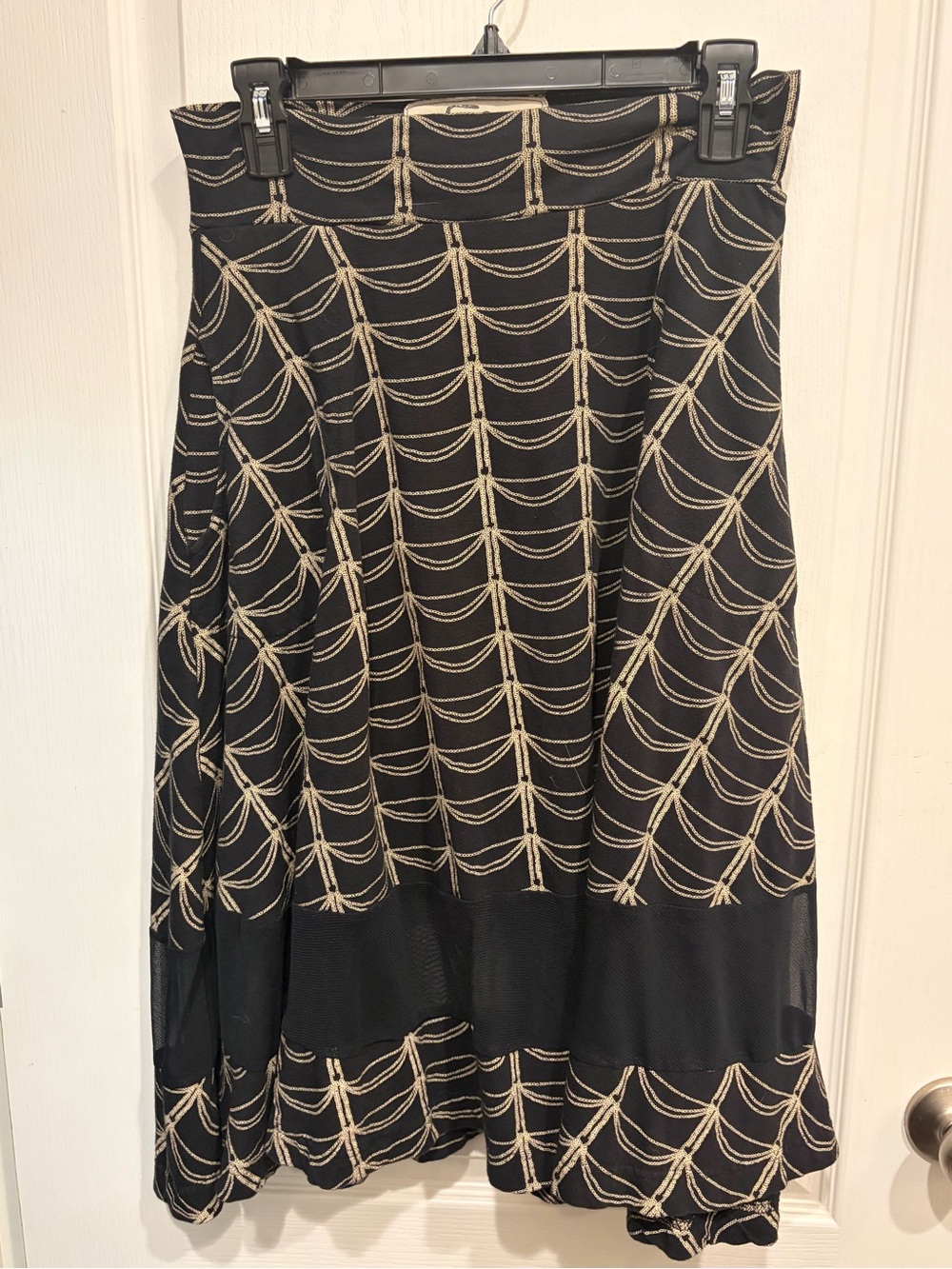 Effie's Heart Black Midi Skirt with Beige Rope-Style Embroidery